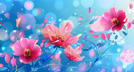 Pink flowers on blue background with bokeh