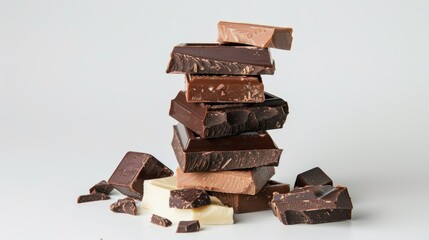 Assorted chocolate chunks stacked in an artistic manner on a white backdrop.