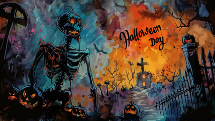 month background with drawing with written "Halloween Day" to ce