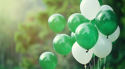Green and white balloons floating against a serene backdrop, with ample space for Pakistan Independence Day text.
