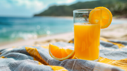 Close-up of orange juice on a beach towel, with a blurred background