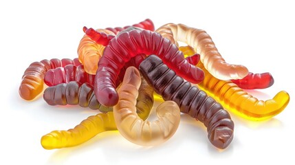 Naklejka premium Assorted gummy worms, isolated on a bright white backdrop.
