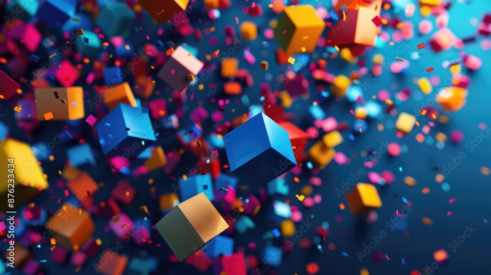 Poster colorful 3d cubes floating in a dark background. 3d design of square box with vibrant colorful color