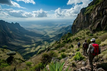 Trekkers Ascending Mountain, Adventurous Hiking Group