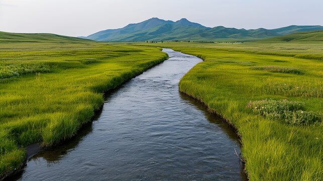 Create serene river settings using nature plates, depicting meandering waterways, vibrant flora, and the peaceful flow of rivers. Clean and Clear Color, Realistic Photo, , Minimalism,