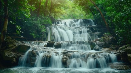 Beautiful waterfall in lush green forest, flowing over stones, stunning wallpaper.