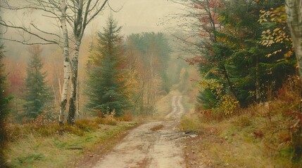   A dirt road surrounded by a dense forest with tall trees and scattered leaves on either side