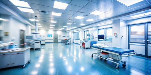 Modern Hospital Corridor with Medical Equipment, Wide Angle