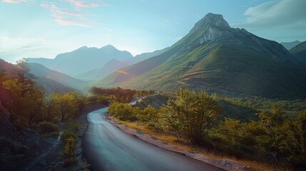   A winding road in the mountains, surrounded by trees and bushes, leading to a majestic mountain range in the distance