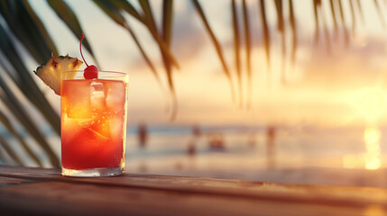 A glass of red drink with a cherry on top is sitting on a wooden table by the oc