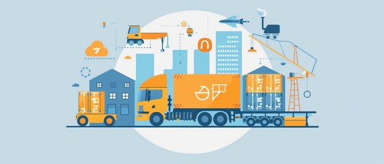 Illustration of a delivery truck and construction equipment in a city.