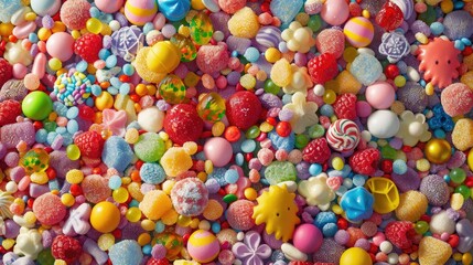 Fototapeta premium Colorful sugar candies in various shapes and sizes creating a vivid background.