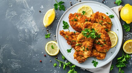 Crispy schnitzel with lemon slices and fresh parsley on white plate, viewed from above on stone surface.
