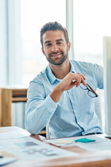 Glasses, portrait and man in office, smile and market research for accountant, online and...