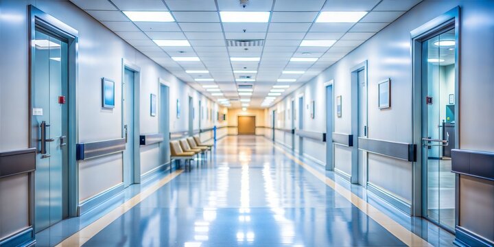 Modern Hospital Corridor with Medical Equipment, Wide Angle