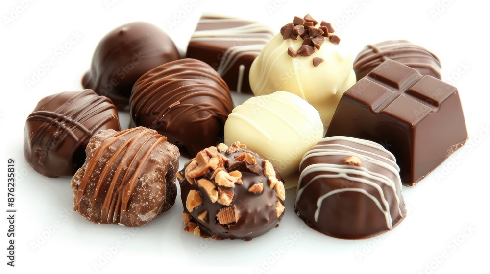 Poster elegant display of assorted chocolate pralines on a clean white background.