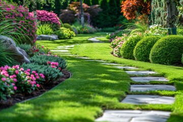 Fototapeta premium Beautiful garden with a stone path and vibrant flowers.