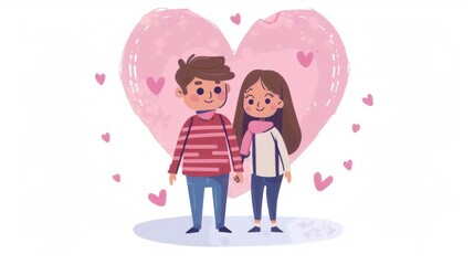 Design a cute illustration of two cartoon characters, a boy and a girl, holding hands and standing close together, with a large pink heart behind them on a white background.