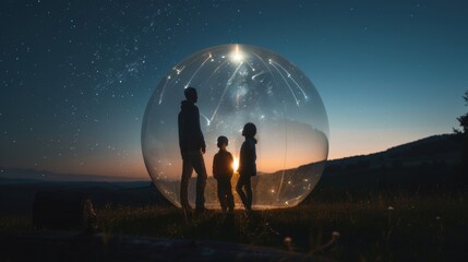 A family inside a glowing protective bubble set against a backdrop of a starry night sky and scenic landscape. Ideal for concepts of protection, family, and the beauty of nature.
