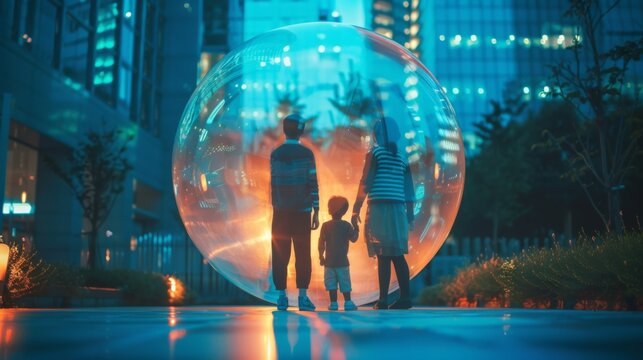 A silhouetted family inside a glowing protective bubble surrounded by the vibrant lights of a modern cityscape. Perfect for themes of family unity, urban life, and security.
