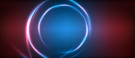 Neon glowing circle rays, light round lines in the dark, planet style neon wave lines. Energetic electric concept design for wallpaper, banner, background