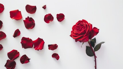 Design a simple but impactful image of a single red rose lying horizontally on a white background, with its petals slightly scattered around it.