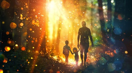 A view of a family standing in a forest enveloped by a glowing energy field, representing a blend of nature and technological energy
