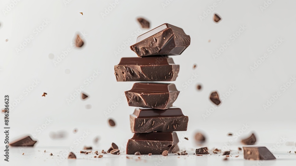 Poster layered chocolate chunks creating a tower on a white background.