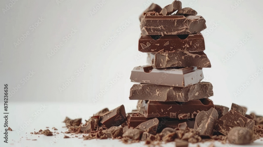 Poster layered chocolate chunks creating a tower on a white background.