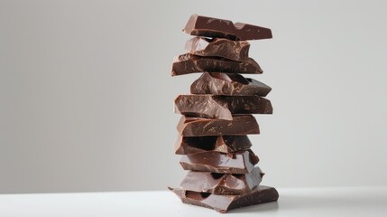 Layered chocolate chunks creating a tower on a white background.
