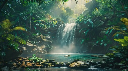 Obraz premium Majestic forest waterfall, surrounded by stones and vibrant jungle, perfect wallpaper.