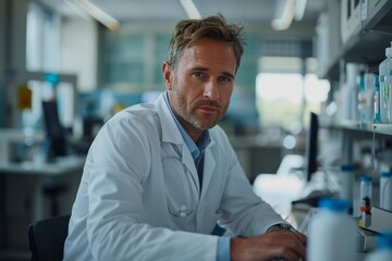 Fototapeta premium Male doctor in a lab coat working in a laboratory.