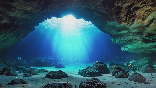 Beautiful view of underwater cave, 4K seamless looping virtual video animation background