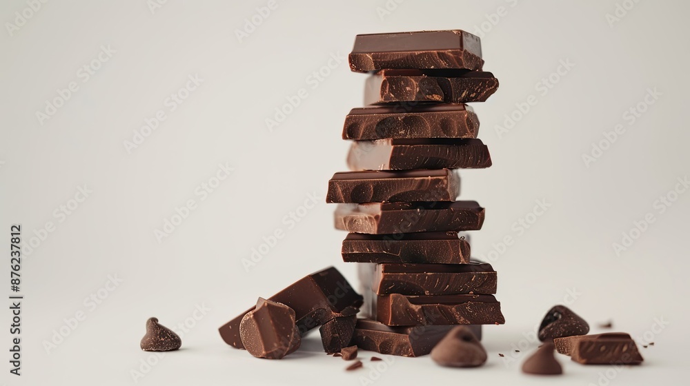 Poster neatly stacked chocolate chunks creating a tower on a plain white background.