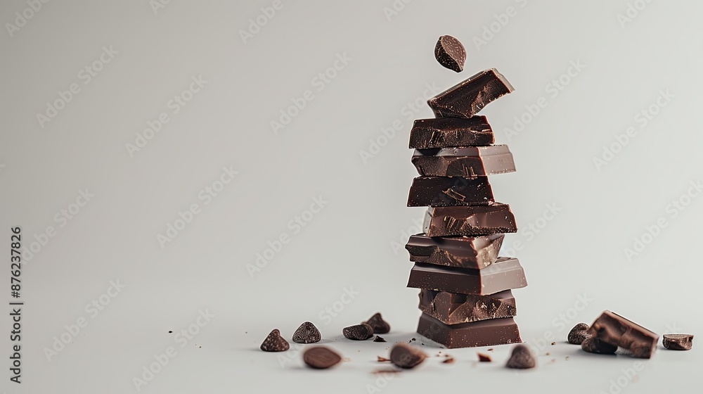 Poster neatly stacked chocolate chunks creating a tower on a plain white background.