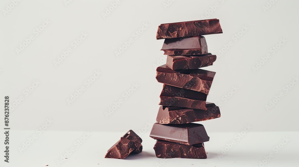 Poster neatly stacked chocolate chunks creating a tower on a plain white background.