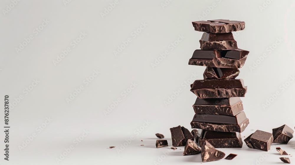Poster neatly stacked chocolate chunks creating a tower on a plain white background.