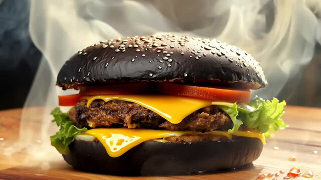Juicy cheeseburger with black sesame bun on wooden table