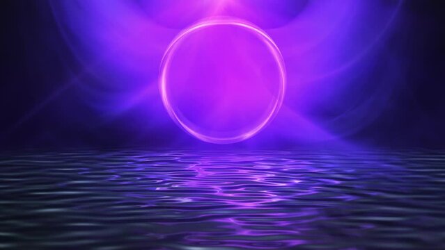 Fantasy aurora loop. Glowing ring in smoke or mist, reflected in water ripples. Mystical sci-fi scene with copy space. Pink, purple, blue.