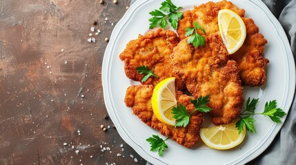 Schnitzel served on white plate with lemon wedges and parsley leaves, brown stone background.