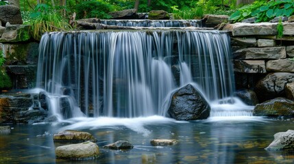 Serene waterfall cascading over stones, surrounded by jungle, perfect nature wallpaper.