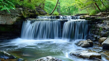 Serene waterfall in lush forest, cascading over rocks and stones, beautiful wallpaper