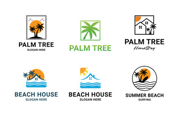 set collection palm tree beach homestay logo design concept idea
