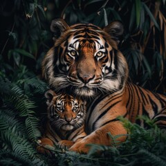 Protective mother tiger with her cub