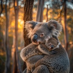 Obraz premium Serene sunset with koala mother and joey