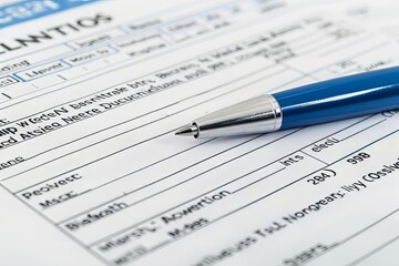 Close-up of a blue pen resting on a partially filled out paper form with selective focus