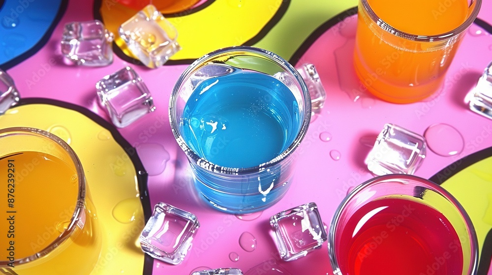 Poster drinks array with colors, ice on colorful tablecloth