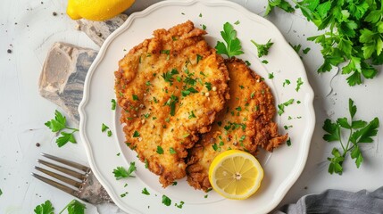 Top view flat lay of schnitzel dish garnished with lemon and parsley on white plate, stone backdrop.