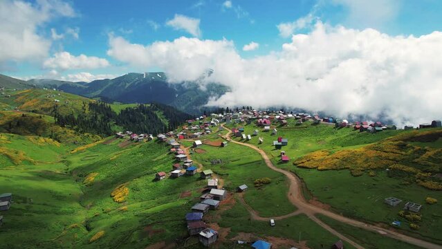 Mountain village aerial view. Gomis Mta resort in Georgia. Mountains landscape background.