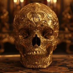 Golden Engraved Skull, Intricate Gold Design